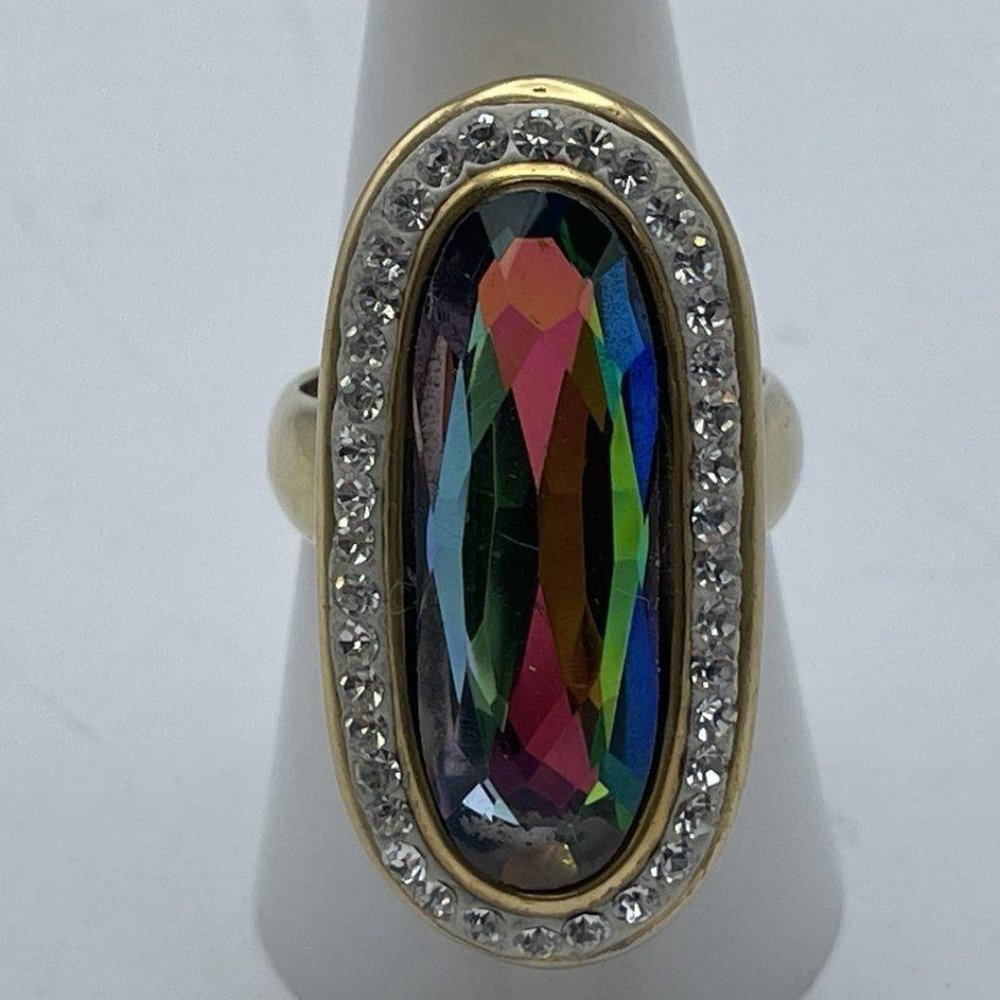 Stainless Steel 316L Gold-Tone White Stone Multi-Color Rhinestone Finger Ring